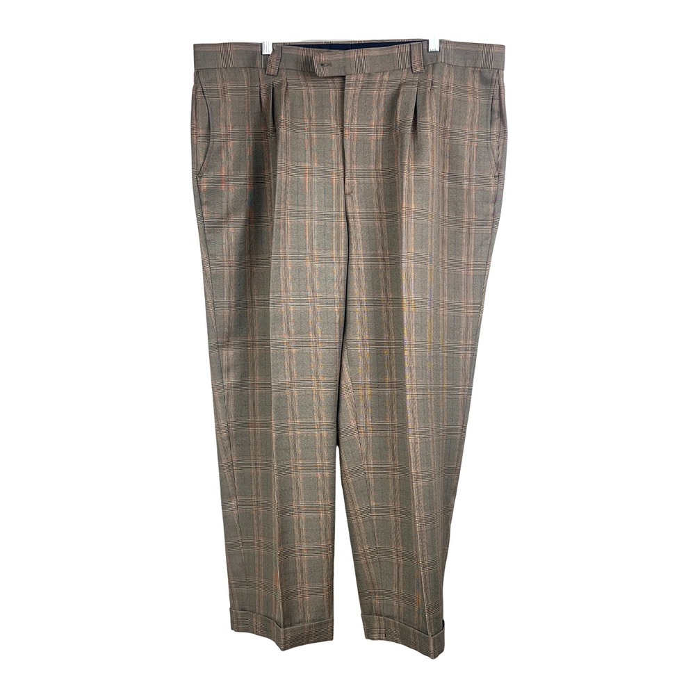 Smokey Joe's Plaid Dress Pants Mens 42x32 Pleated Cuffed Brown Vintage Style